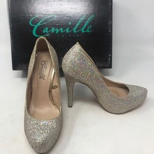 Camille La Vie Gold Sparkle Stilettos High Heels Pumps Sz 5.5 EUC